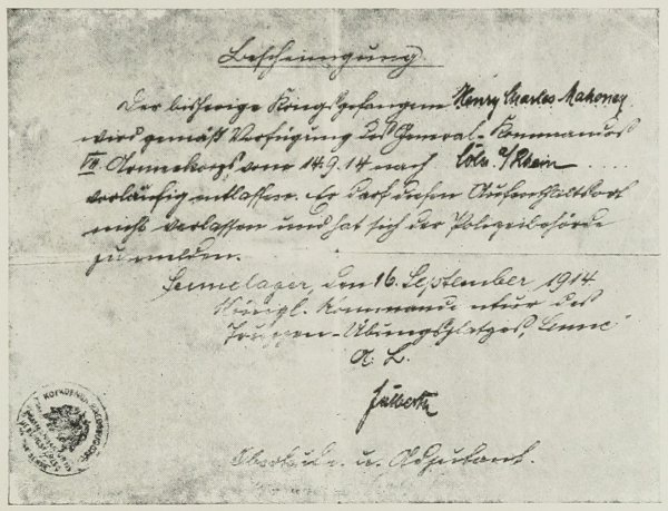 Facsimile of the Pass issued by the German authorities to
the author on his leaving Sennelager for Cln-on-Rhein.